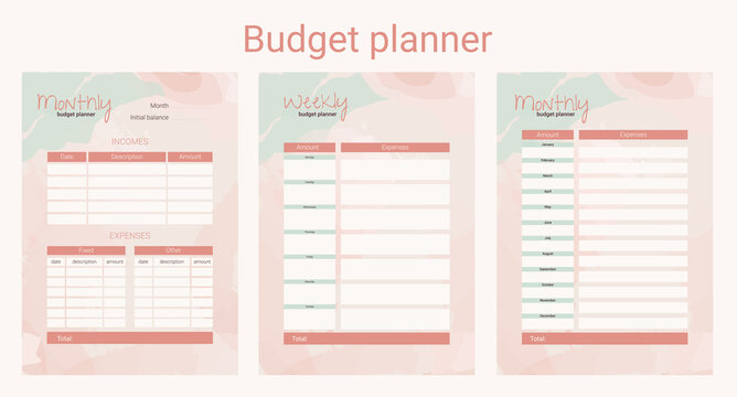 Monthly, weekly, daily budget planner. Organizer financial templates set. Checklists, important date and notes.