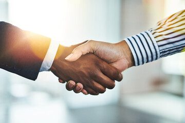 You have yourself a deal. Closeup shot of two businesspeople shaking hands in an office.