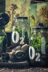 Strange oxygen mask as smog problem on earth.
