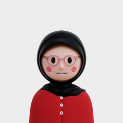 3D Illustration girl profile character wearing red clothes and black hijab, and glasses