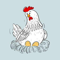 Chicken, rooster, hen cartoon drawing vector illustration.