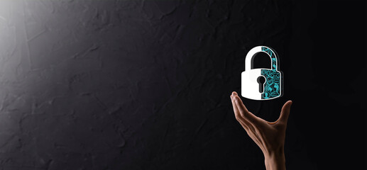 Cyber security network. Padlock icon and internet technology networking. Businessman protecting...