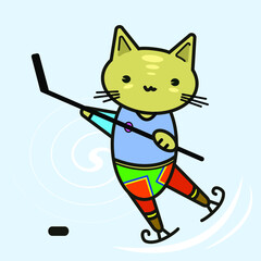 Funny animals. The little kitten is an athlete.
 Vector image in cartoon style. Color image.