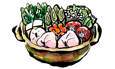 ふぐちり鍋の手書きイラスト（筆書き墨絵風）	