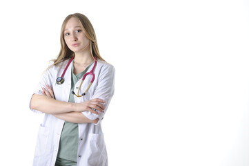 Young female physician in medical uniform with stethoscope on a white background