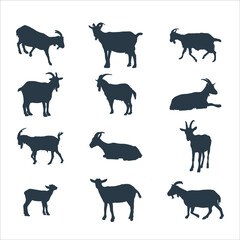 Goat in different poses vector silhouette stock illustration.
