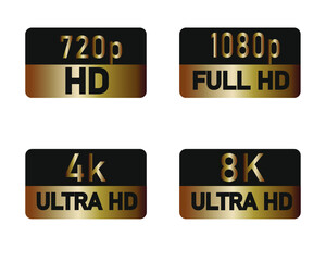 Black, and golden video or screen resolution icons 720p, 1080p, 4k e 8k