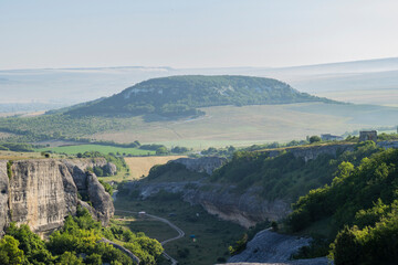 View of the round mountain. The gorge goes to a rocky hill.
