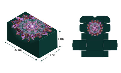 Mandala detailed packaging box. Vector Illustration of Box. Package Template. Self Lock Box Template. 20×12×8 cm