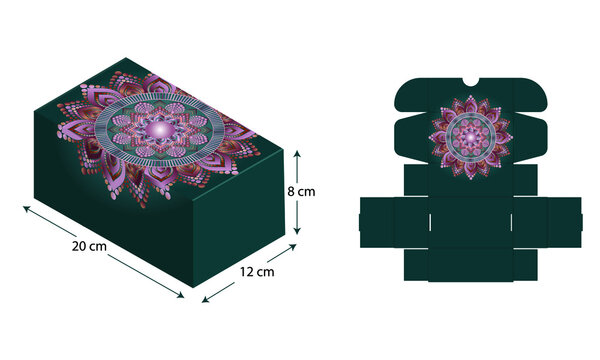 Mandala detailed packaging box. Vector Illustration of Box. Package Template. Self Lock Box Template. 20&times;12&times;8 cm