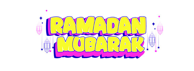 Ramadan Mubarak 3D Font Style With Mosque And Hanging Beautiful Lamps