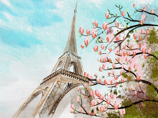 Water color painting. Eiffel tower in spring season landmark of Paris ,France