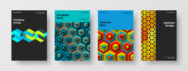Colorful presentation vector design template set. Bright geometric shapes leaflet illustration bundle.