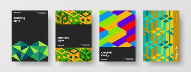 Fototapeta premium Vivid handbill A4 design vector concept composition. Colorful geometric pattern placard illustration bundle.