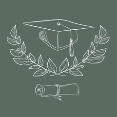 Graduation cap and diploma with a laurel wreath are drawn in a sketch style on a green background. Vector illustration.Education concept - obrazy, fototapety, plakaty