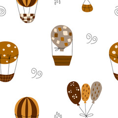 Seamless pattern of balloons in boho style in warm colors. Vector illustration with weather textures