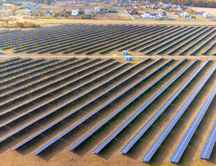 Aerial view of Solar panel, photovoltaic, alternative electricity source - concept of sustainable resources on a sunny day