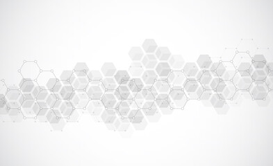 Hexagons pattern on gray background. Genetic research, molecular structure. Chemical engineering. Concept of innovation technology. Used for design healthcare, science and medicine background