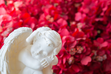Cute cupid statue with beautiful red flower background. Love valentine day concept.