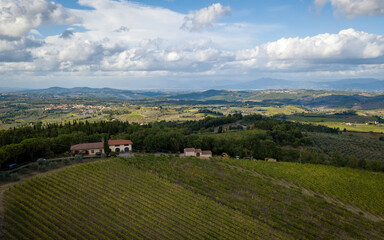 Fototapeta premium Views of Tuscany vineyards. Aerial drone photo, Tuscany, Italy