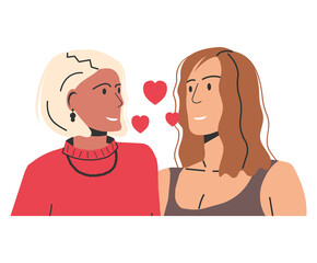 Multiethnic Lesbian Woman Couple Isolated. Young Homosexual Couple Hugging Holding Hands. Two LGBT Female People Embrace and Looking Each Other. LGBT Pride, Gender Identity. Flat Vector Illustration