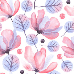 Abstract pink and violet  transparent flowers leaves nice and beautiful seamless pattern watercolor