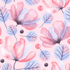 Abstract pink and violet  transparent flowers leaves nice and beautiful seamless pattern watercolor