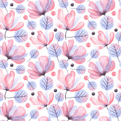 Abstract pink and violet  transparent flowers leaves nice and beautiful seamless pattern watercolor