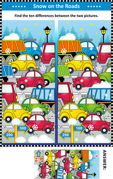 Winter traffic jam picture puzzle: Find the ten differences between the two pictures of cars and trucks on the road. Answer included.
