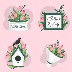 set with spring flowers, spring set,Hello spring, bouquet of spring flowers, card with a bouquet of flowers, Hello spring, spring flowers vector, tulips vector, envelope with spring flowers