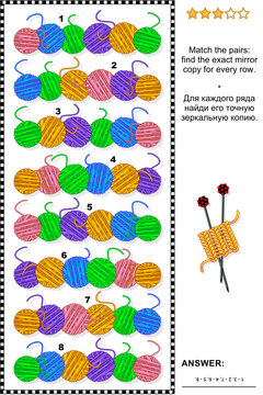 Visual logic puzzle: Match the pairs - find the exact mirrored copy for every row of colorful yarn balls. Answer included.
