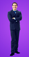 Full body portrait of smiling middle aged confident businessman, on violet purple. Happy business man in crossed arms pose at studio.