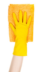 hand in yellow rubber glove holds wet flat yellow rag isolated on white background