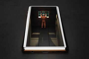 Networking and communication technology addiction concept. Prison cell with a prisoner inside a smartphone or gadget. 3d illustration - obrazy, fototapety, plakaty