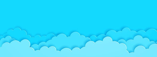 Blue clouds on blue sky background paper cut style