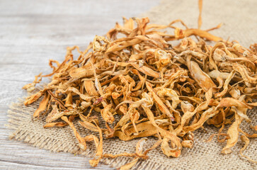 Dried cordyceps militaris mushroom flower on wooden background.