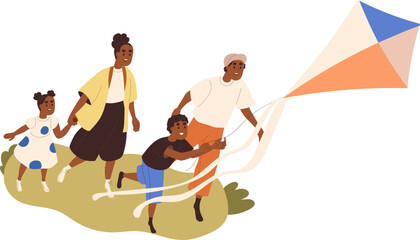 African American Family Flying Kite Together Cartoon Illustration
