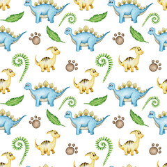 Fototapeta premium Watercolor cute dinosaur child seamless pattern. Hand drawn elements kids dino, footprint, tropical leaves wallpaper. Isolated on white background.