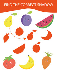 Find the correct shadow - game for kids to study fruit,shapes  develop attention and logic. Printable worksheet. Educational game for children, kids preschool age.