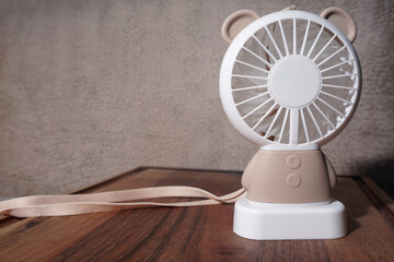 Hand held manual fan bear on wood backgraund