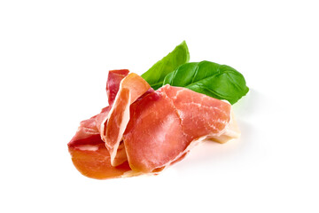 Spanish jamon iberico, serrano ham, isolated on white background. High resolution image.