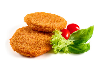 Chicken Cordon bleu with cheese in breadcrumbs, isolated on white background.