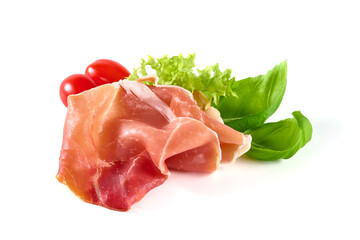 Spanish jamon iberico, serrano ham, isolated on white background. High resolution image.