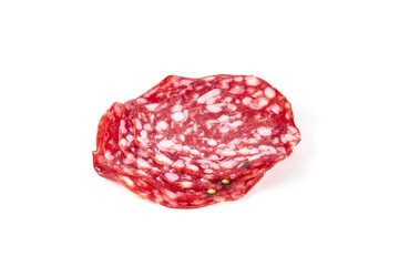 Italian Salami with basil leaves, isolated on white background.