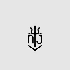 NJ trident ocean retro initial logo concept - obrazy, fototapety, plakaty