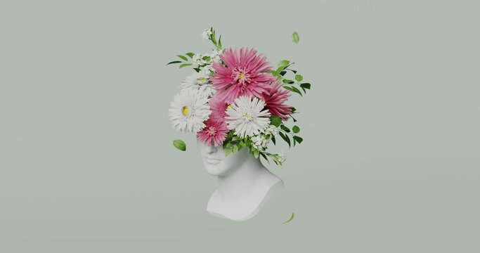 3D Ancient woman Statue. Greek, roman goodness. Bust sculpture  with pink and white flowers bouquet on green background. Nature feminine beauty abstract 3D render. Spring, summer loop 4K animation