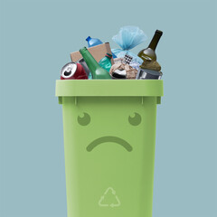 Sad garbage can character full of undifferentiated waste