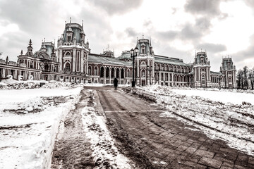 View on Tsaritsyno covered with the snow in dramatic style