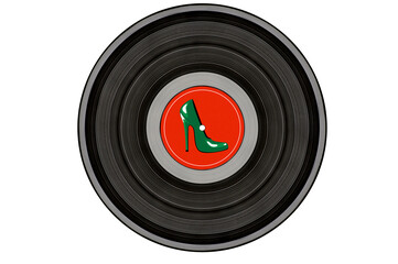 black music record with green stiletto shoe on red label isolated on white background