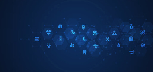 Healthcare concept with flat icons and symbols. Used for design healthcare, science and medicine background